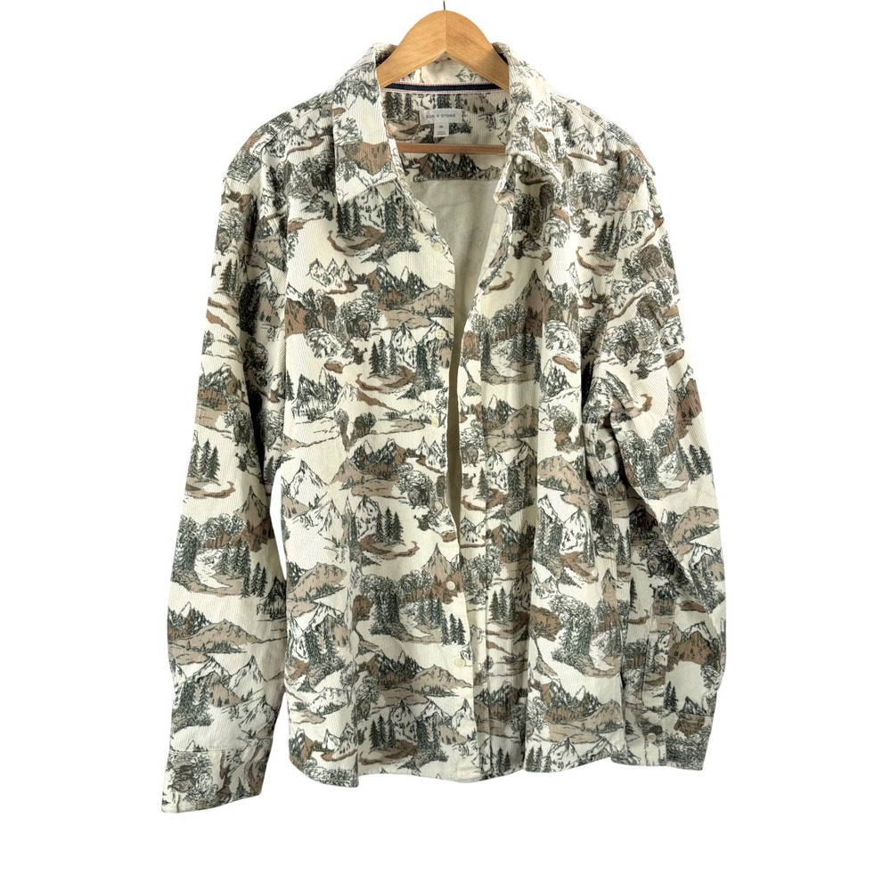 Sun + Stone Corduroy Shirt 2XL Cream Mountain Print Gorpcore earth tone